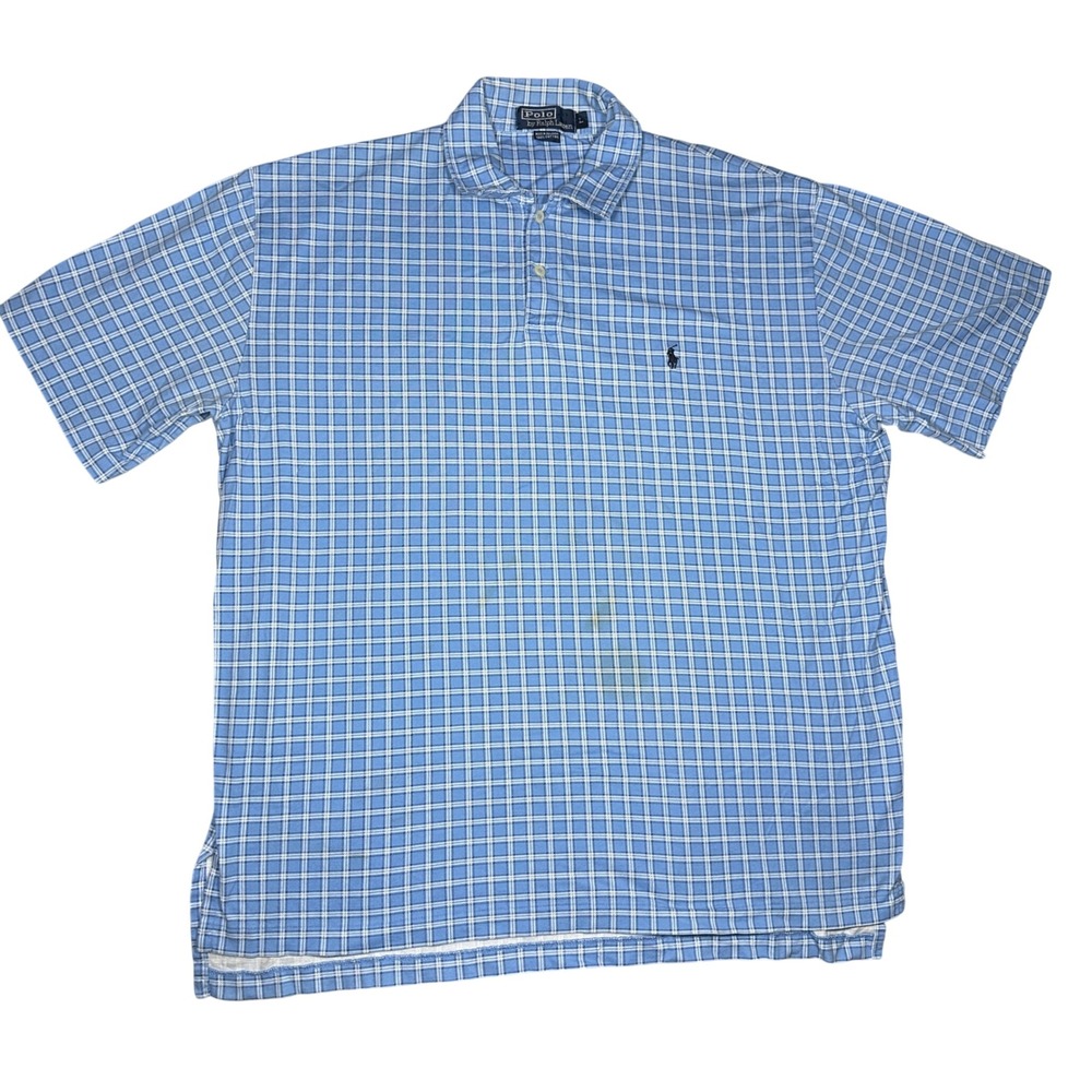 Polo Ralph Lauren Mens Large Blue White Grid Check Plaid Cotton Polo Shirt L